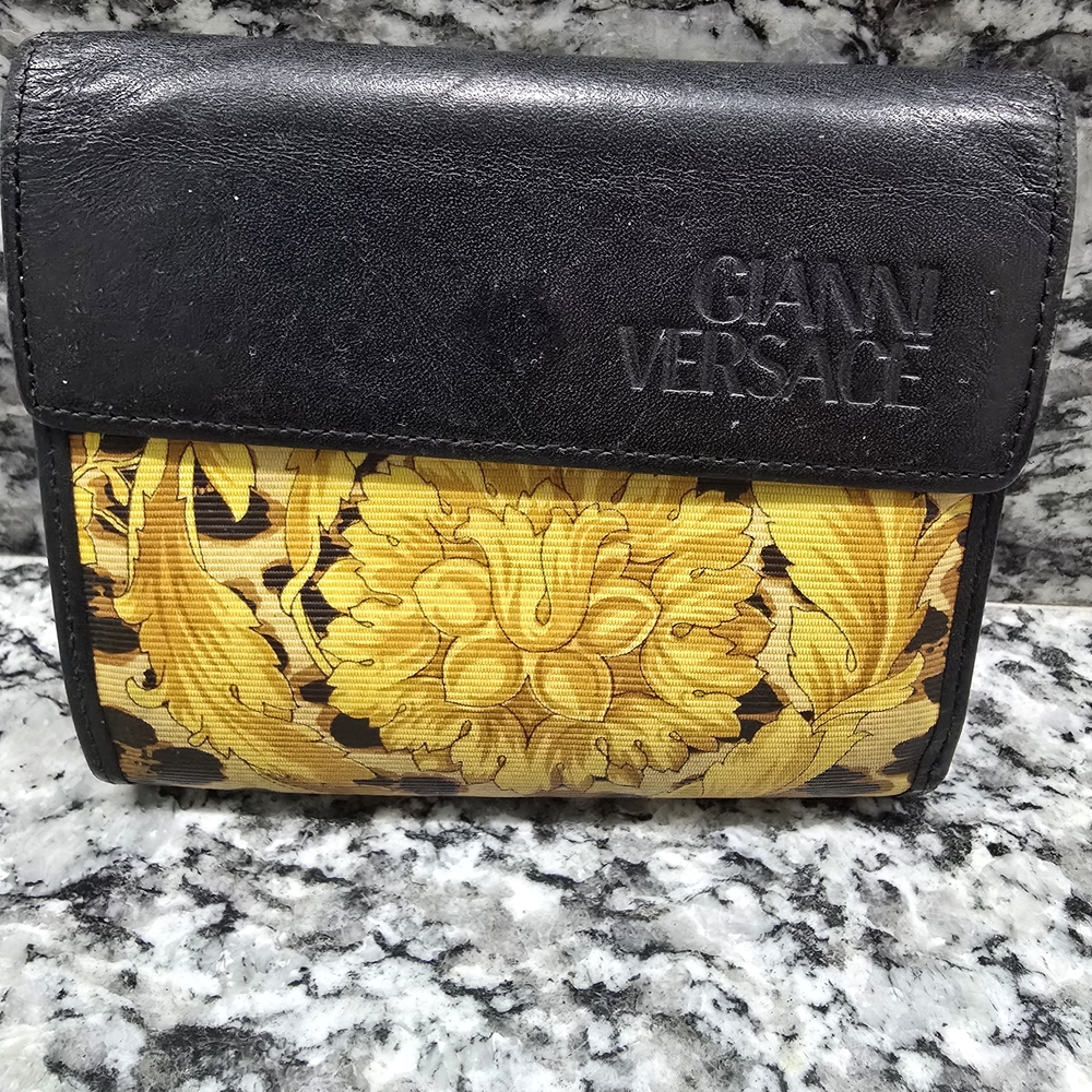 Gianni Versace Baroque  Floral Motif and Leopard Print Tri-fold Wallet